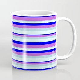 [ Thumbnail: Blue, Orchid, Light Blue & Light Cyan Colored Pattern of Stripes Coffee Mug ]