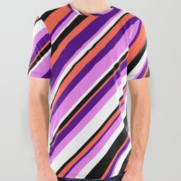 [ Thumbnail: Eyecatching Red, Indigo, Violet, White & Black Colored Lined Pattern All Over Graphic Tee ]
