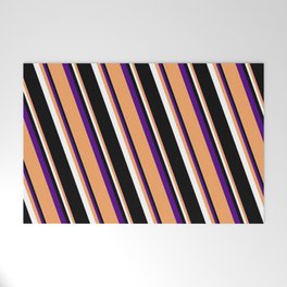 [ Thumbnail: Indigo, Brown, White & Black Colored Striped Pattern Welcome Mat ]
