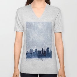 Calgary Skyline & Map Watercolor Navy Blue, Print by Zouzounio Art V Neck T Shirt