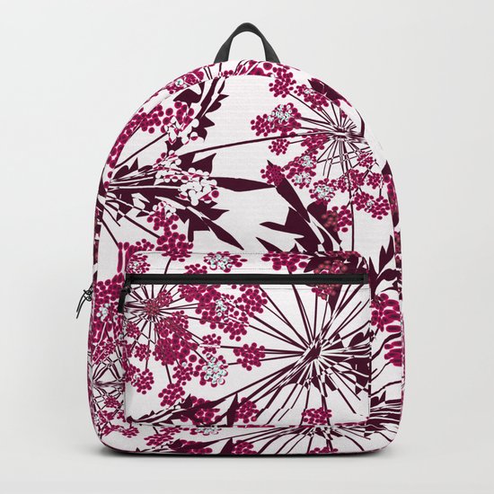 Laced crimson flowers on a white background. Backpack