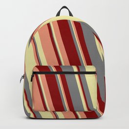 [ Thumbnail: Grey, Dark Red, Dark Salmon, and Pale Goldenrod Colored Striped Pattern Backpack ]