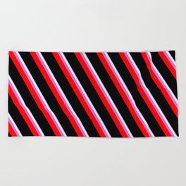[ Thumbnail: Eyecatching Blue, Beige, Orchid, Red & Black Colored Lines/Stripes Pattern Beach Towel ]