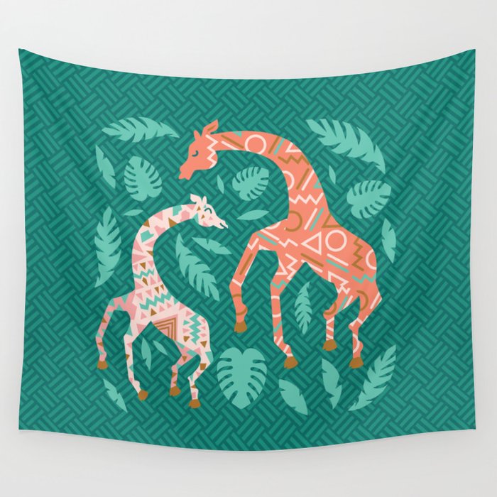 Pink Dancing Giraffes on Teal Green Wall Tapestry
