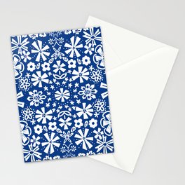 Navy Blue Folk Art Flowers Retro Modern Pattern Stationery Card