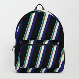 [ Thumbnail: Eye-catching Aqua, Dim Gray, Beige, Midnight Blue & Black Colored Stripes Pattern Backpack ]