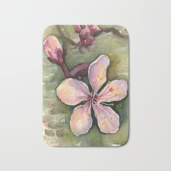 Cherry Blossom Watercolor Painting | Spring Flowers Bath Mat