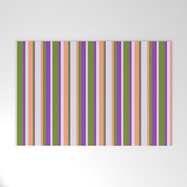 [ Thumbnail: Green, Light Salmon, Lavender & Dark Orchid Colored Stripes Pattern Welcome Mat ]