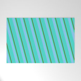 [ Thumbnail: Brown, Green, Light Sky Blue, and Turquoise Colored Striped/Lined Pattern Welcome Mat ]