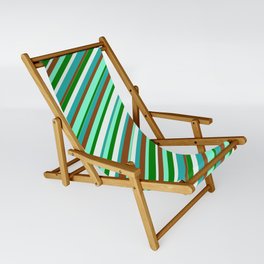[ Thumbnail: Colorful Light Sea Green, Brown, Aquamarine, Green & Mint Cream Colored Lined/Striped Pattern Sling Chair ]
