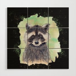 Raccoon Portrait Watercolor Black Background Wood Wall Art
