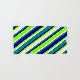 [ Thumbnail: Dark Blue, Chartreuse, Beige, and Teal Colored Stripes/Lines Pattern Hand & Bath Towel ]