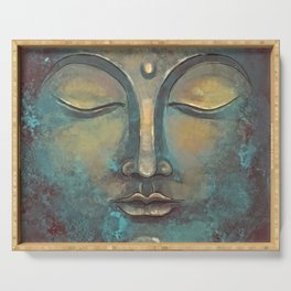 Rusty Golden Copper Buddha Face Watercolor Painting Serving Tray