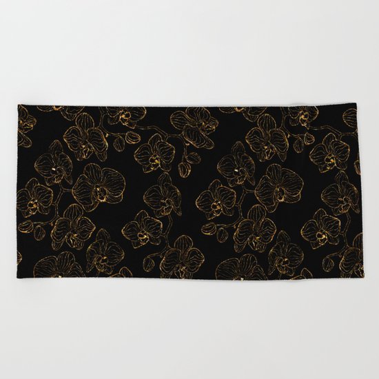Flowers orchids ornament gold seamless pattern, stylish texture. Gold trendy glitter floral print on Beach Towel