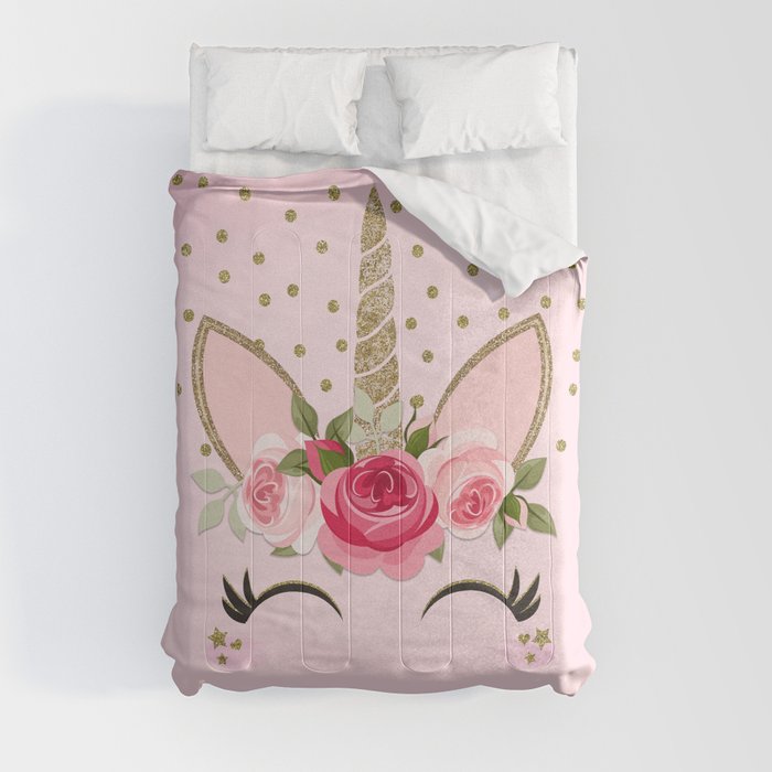 Pink & Gold Cute Floral Unicorn Comforter