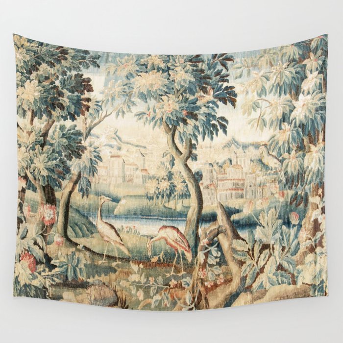 Antique 18th Century French Chateau Bird Garden Verdure Tapestry Wall Tapestry
