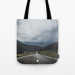 One Way to the Mountain Tote Bag | Vibe, Calm, Camp, Forest, Road, Rain, Weather, View, Explore, Sky 