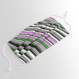 [ Thumbnail: Colorful Gray, Violet, Forest Green, Black & White Colored Striped Pattern Face Mask ]