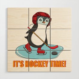 It's Hockey Time Cute Penguin Playing Ice Hockey Wood Wall Art