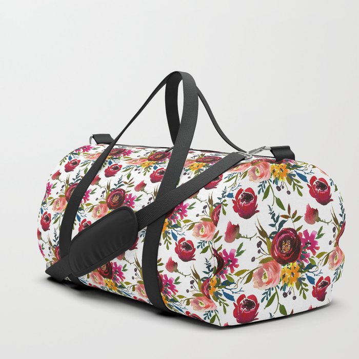 Red pink coral yellow watercolor modern floral Duffle Bag