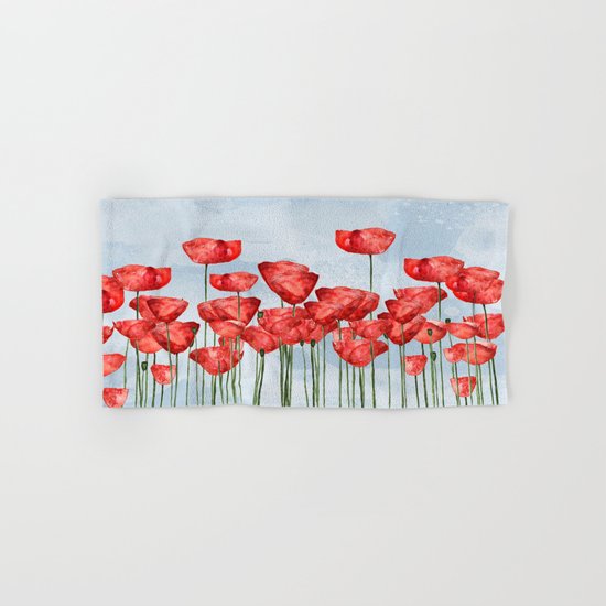 Poppyfield poppies poppy blue sky- watercolor artwork Hand & Bath Towel