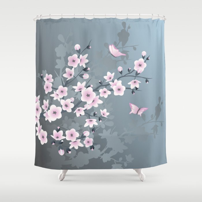 Floral Cherry Blossom Dusky Pink Dusky Blue  Shower Curtain