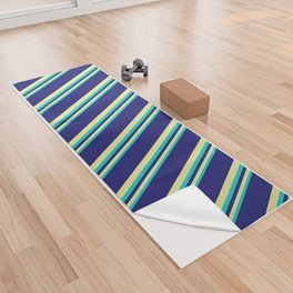 [ Thumbnail: Dark Turquoise, Tan, and Midnight Blue Colored Lines/Stripes Pattern Yoga Towel ]