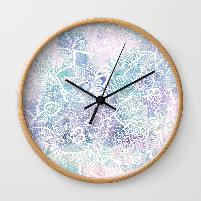 Modern purple lavender turquoise watercolor floral lace hand drawn illustration Wall Clock