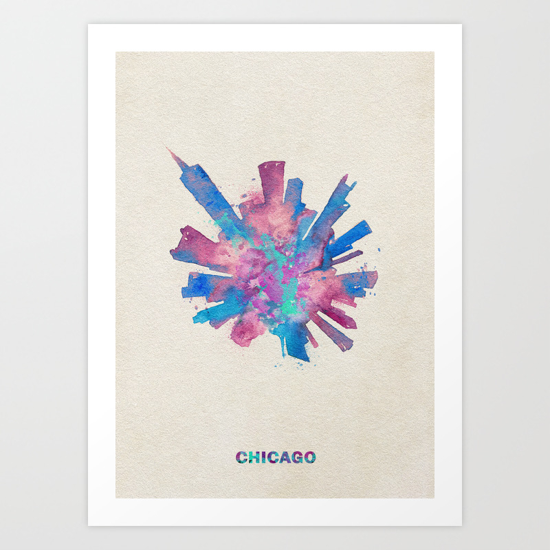 Chicago Illinois Colorful Skyround Skyline Watercolor Painting