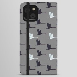 Flying Elegant Swan Pattern on Grey Background iPhone Wallet Case