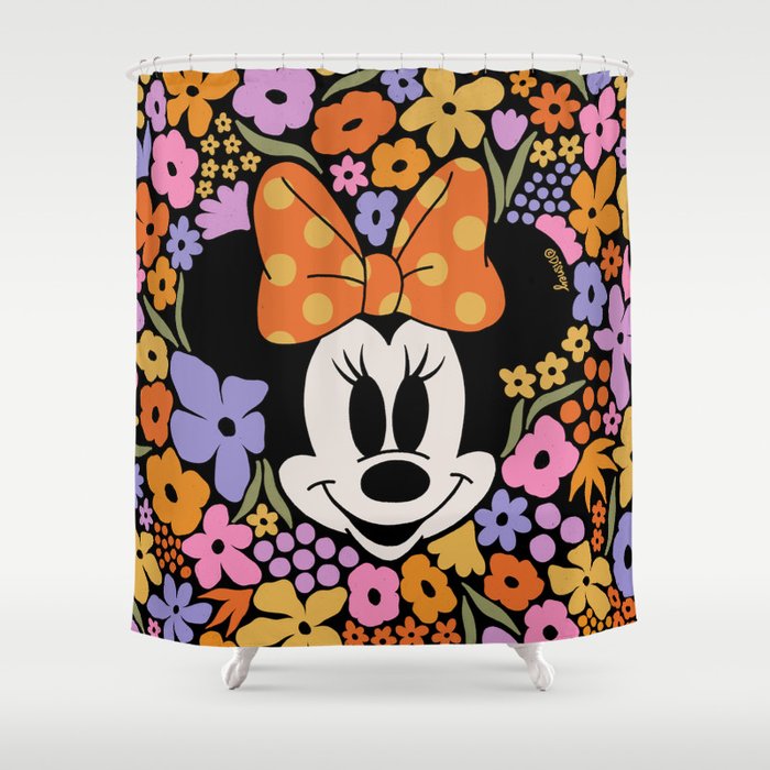 "Minnie Mouse and Colorful Flowers Dark" by Hanna Kastl-Lungberg Shower Curtain