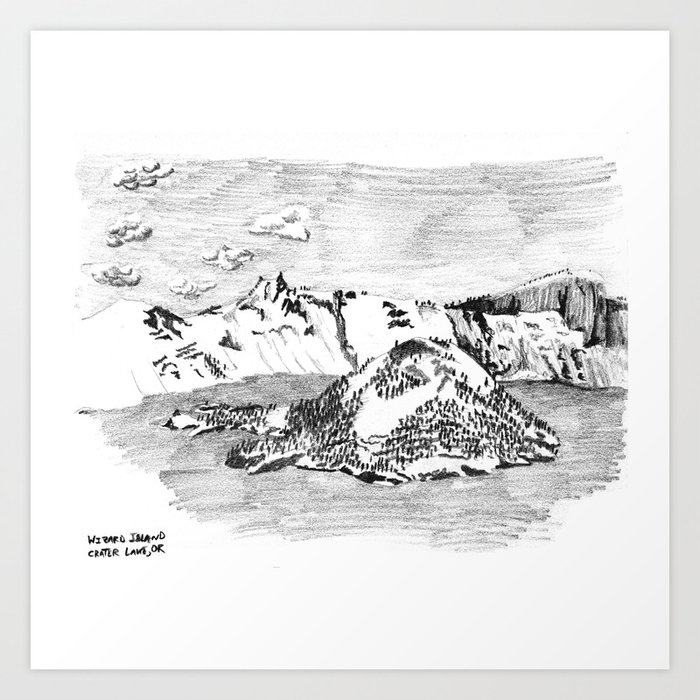 Drawing of Wizard Island in Crater Lake from the Rim Art Print | Drawing, Chalk-charcoal, National-park, Crater-lake, Wizard-island, Oregon, Lake, Nature, Mountains, Drawing