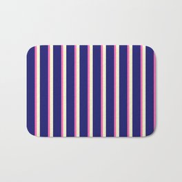 [ Thumbnail: Light Yellow, Midnight Blue, and Hot Pink Colored Lined Pattern Bath Mat ]