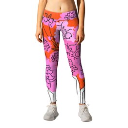 Retro Spring Floral Bouquet Pink and Red Leggings