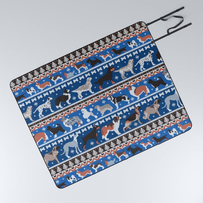 Fluffy and bright fair isle knitting doggie friends // classic and electric blue background brown orange white and grey dog breeds  Picnic Blanket
