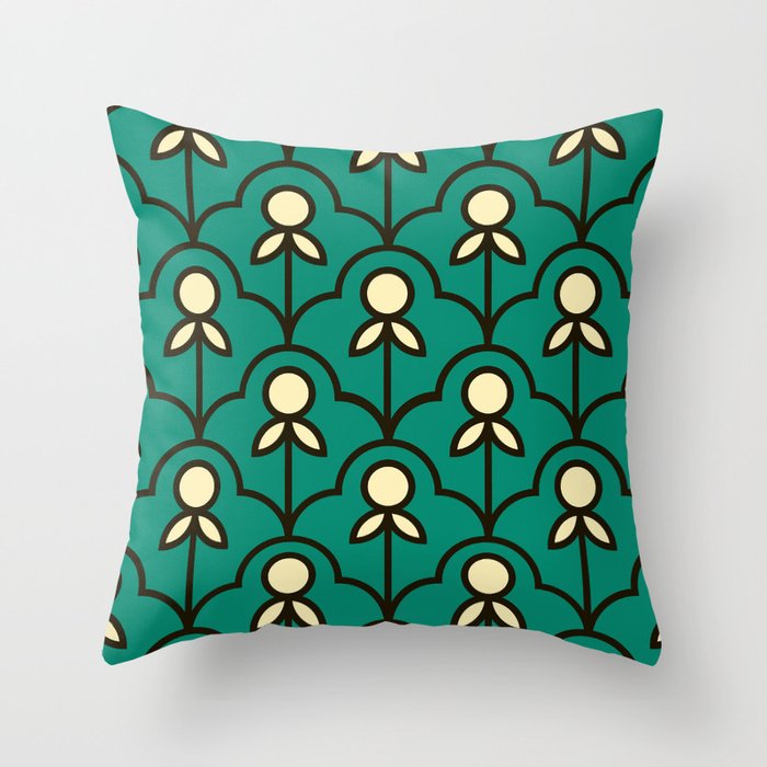 Minimal Geometric Retro Floral Pattern - Teal Throw Pillow