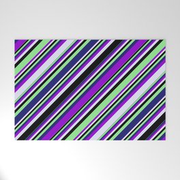 [ Thumbnail: Vibrant Dark Violet, Lavender, Black, Light Green & Midnight Blue Colored Lines Pattern Welcome Mat ]