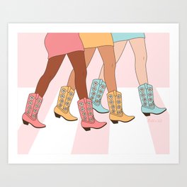 Sisters in Cowboy Boots with Daisy, Girls Walking, Cowgirl Friendship Art Art Print