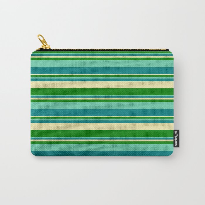 Aquamarine, Teal, Pale Goldenrod, and Green Colored Striped Pattern Carry-All Pouch