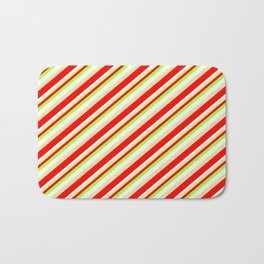 [ Thumbnail: Light Green, Mint Cream, Pale Goldenrod & Red Colored Stripes/Lines Pattern Bath Mat ]