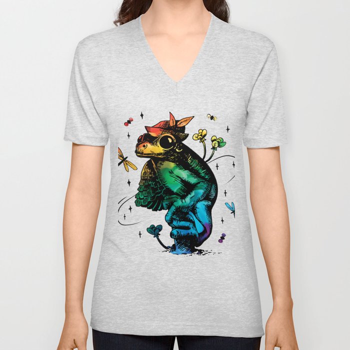 Frog with mushroom Cottagecore Rainbow Style V Neck T Shirt