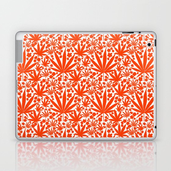 Cannabis And Flowers Retro 70’s Botanical Repeat Pattern In Red On White Hippy Maximalist  Laptop & iPad Skin