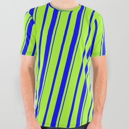 [ Thumbnail: Light Green and Blue Colored Striped/Lined Pattern All Over Graphic Tee ]