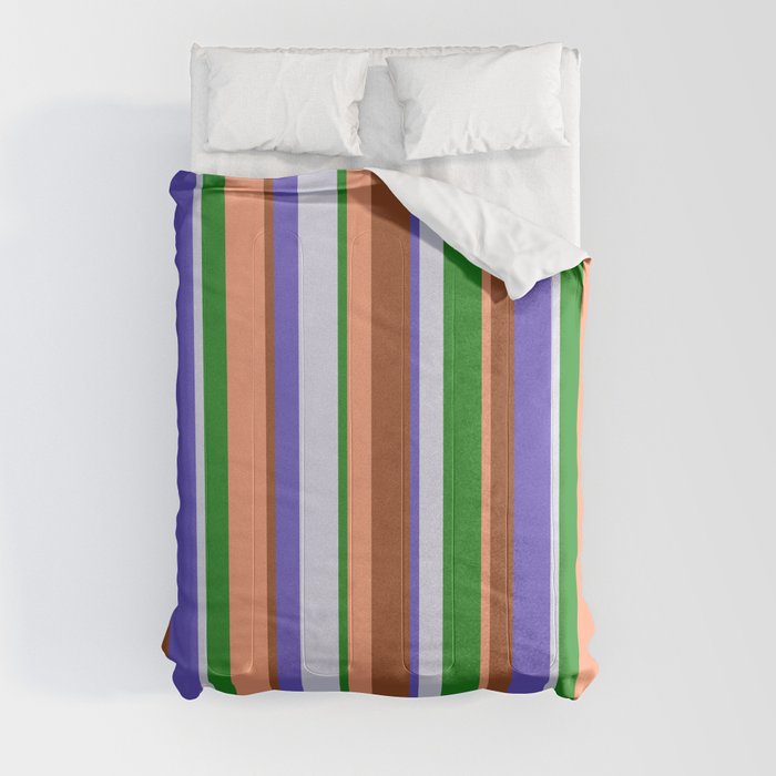Vibrant Light Salmon, Sienna, Slate Blue, Lavender, and Forest Green Colored Stripes/Lines Pattern Comforter