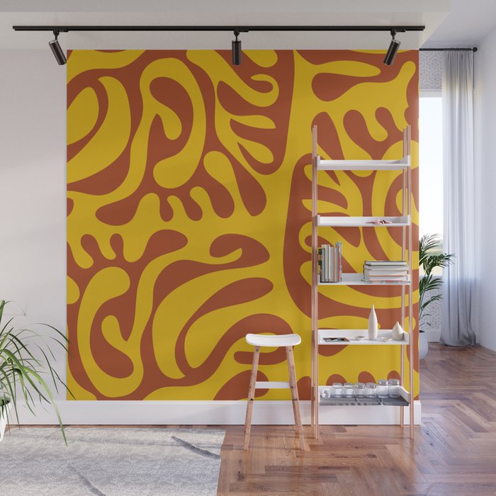 Mid Century Modern Curl Lines Pattern - Yellow and Orange Wall Mural