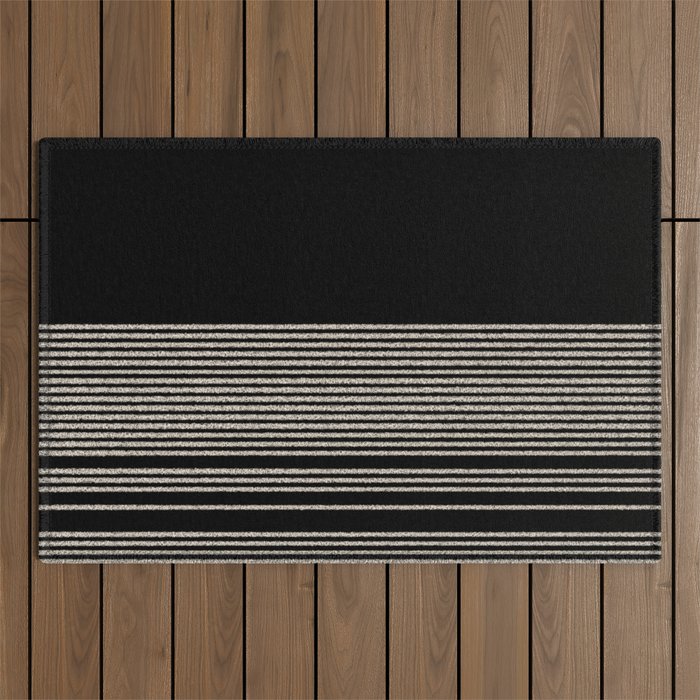 Organic Stripes - Minimalist Textured Line Pattern in Almond Cream and Black Outdoor Rug