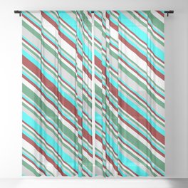 [ Thumbnail: Eyecatching Sea Green, Light Grey, Cyan, Dark Red, and White Colored Lines Pattern Sheer Curtain ]