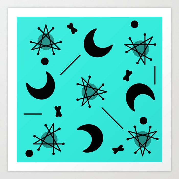 Moons & Stars Atomic Era Abstract Turquoise Art Print