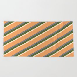 [ Thumbnail: Vibrant Dark Olive Green, Bisque, Brown, Gray, and Dark Blue Colored Striped Pattern Beach Towel ]
