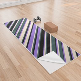 [ Thumbnail: Dark Slate Gray, Beige, Purple & Black Colored Lined Pattern Yoga Towel ]